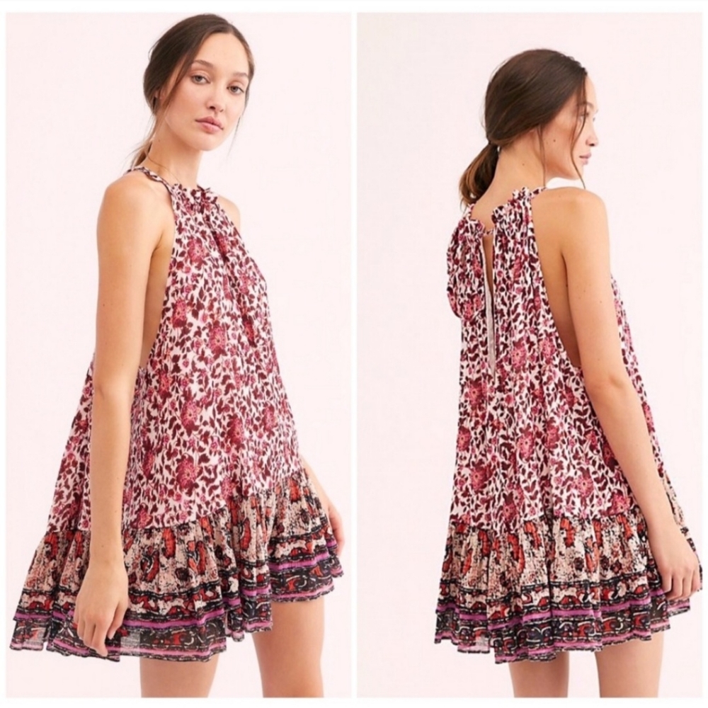 Free People Lyla Red Floral Halter Tie Neck Mini Swing Ruffle Dress Women Medium